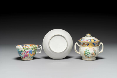 A rare Chinese Canton famille rose covered sugar bowl, a cup and saucer, 19th C.