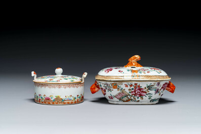 Drie Chinese famille rose borden, een botervloot en een dekselterrine, Qianlong