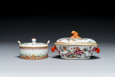 Drie Chinese famille rose borden, een botervloot en een dekselterrine, Qianlong