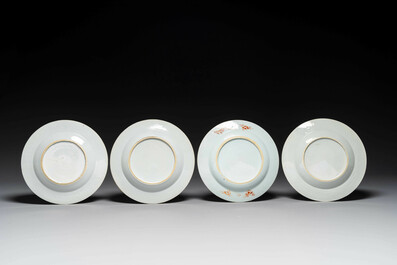 Four Chinese famille rose plates with flowers and animals, Yongzheng/Qianlong