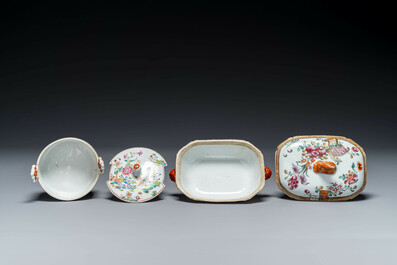 Drie Chinese famille rose borden, een botervloot en een dekselterrine, Qianlong
