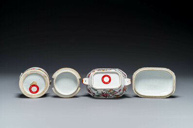 Drie Chinese famille rose borden, een botervloot en een dekselterrine, Qianlong