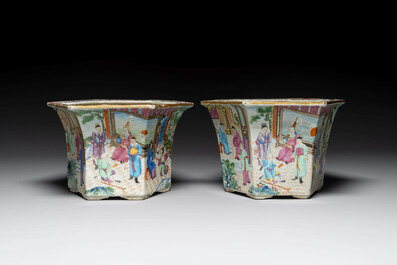 A pair of hexagonal Chinese Canton famille rose jardinieres on stands, 19th C.