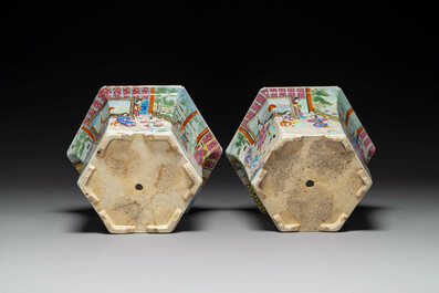 A pair of hexagonal Chinese Canton famille rose jardinieres on stands, 19th C.