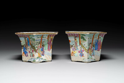 A pair of hexagonal Chinese Canton famille rose jardinieres on stands, 19th C.