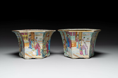 A pair of hexagonal Chinese Canton famille rose jardinieres on stands, 19th C.