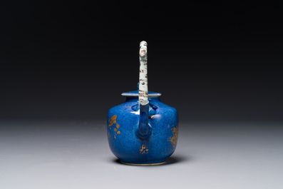 A Chinese gilt-decorated powder-blue teapot and cover with a faux-bamboo handle, Kangxi