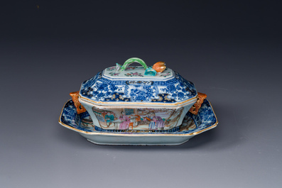 Une soupi&egrave;re couverte sur son support en porcelaine de Chine famille rose &agrave; d&eacute;cor mandarin et une th&eacute;i&egrave;re couverte, Qianlong