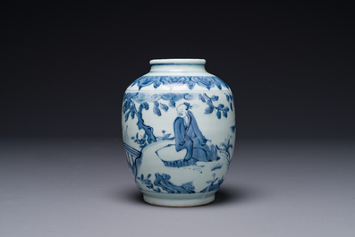 Een Chinese blauw-witte vaas met een geleerde, Ming