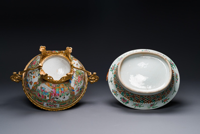 A Chinese Canton famille rose reticulated basket on stand and a bowl with gilt bronze mounts, 19th C.