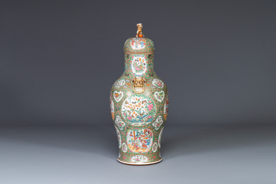 A large Chinese Canton famille rose vase and cover with narrative design, 19th C.