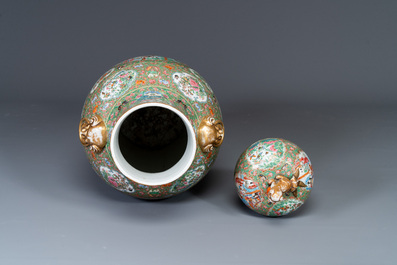 A large Chinese Canton famille rose vase and cover with narrative design, 19th C.