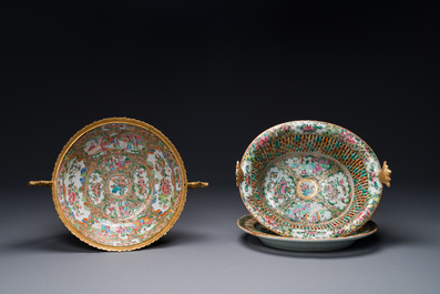 A Chinese Canton famille rose reticulated basket on stand and a bowl with gilt bronze mounts, 19th C.