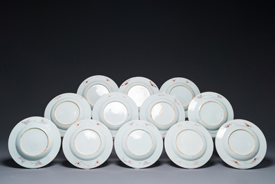 Twelve Chinese famille rose plates with landscape design, Qianlong