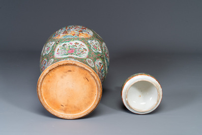 A large Chinese Canton famille rose vase and cover with narrative design, 19th C.
