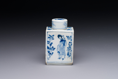 A rectangular Chinese blue and white 'Long Eliza' tea caddy and cover, Kangxi