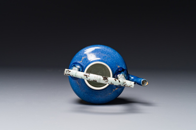 A Chinese gilt-decorated powder-blue teapot and cover with a faux-bamboo handle, Kangxi