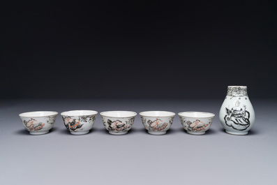 Five Chinese export grisaille cups and a milk jug, Qianlong