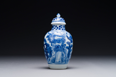 A Chinese blue and white covered vase with fishermen in a river landscape, jade mark, Kangxi