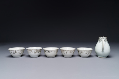 Five Chinese export grisaille cups and a milk jug, Qianlong