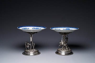 A pair of Chinese blue and white plates with silver-plated 'Alpaca Berndorf' mounts, Jiaqing