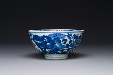 A Chinese blue and white 'birds among flowering branches' bowl, Shen De Tang Bo Gu Zhi 慎德堂博古製 mark, Kangxi