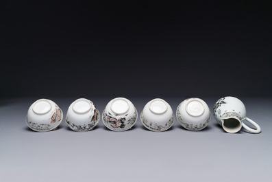 Five Chinese export grisaille cups and a milk jug, Qianlong