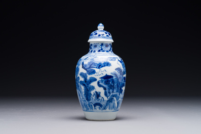 A Chinese blue and white covered vase with fishermen in a river landscape, jade mark, Kangxi
