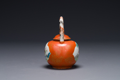 A Chinese famille rose coral-red-ground teapot with 'faux marbre' spout and handle, Jiaqing