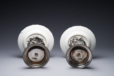 A pair of Chinese blue and white plates with silver-plated 'Alpaca Berndorf' mounts, Jiaqing