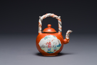 A Chinese famille rose coral-red-ground teapot with 'faux marbre' spout and handle, Jiaqing
