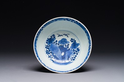 A Chinese blue and white 'birds among flowering branches' bowl, Shen De Tang Bo Gu Zhi 慎德堂博古製 mark, Kangxi