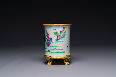 A Chinese famille rose 'Tao Yuanming 陶淵明' brush pot with gilt bronze mounts, Yongzheng
