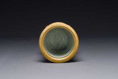 A Chinese famille rose 'Tao Yuanming 陶淵明' brush pot with gilt bronze mounts, Yongzheng