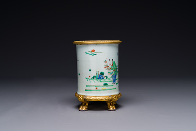 A Chinese famille rose 'Tao Yuanming 陶淵明' brush pot with gilt bronze mounts, Yongzheng