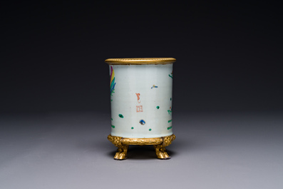 A Chinese famille rose 'Tao Yuanming 陶淵明' brush pot with gilt bronze mounts, Yongzheng
