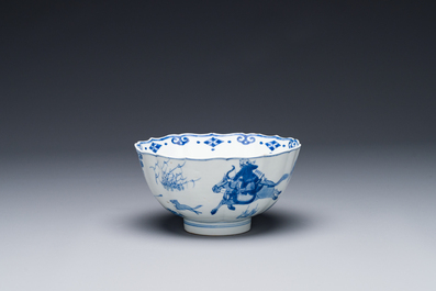 Bol en porcelaine de Chine en bleu et blanc &agrave; d&eacute;cor de la chasse mongole, marque de Chenghua, Kangxi