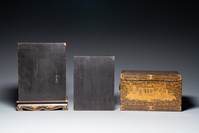 Deux cabinets miniatures et un coffret en laque noire et dor&eacute;e, Canton, Chine, 19&egrave;me