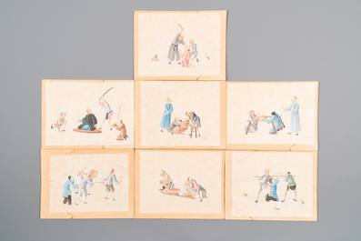 Dix peintures sur papier de riz repr&eacute;sentant des ch&acirc;timents, Chine, Canton, 19&egrave;me