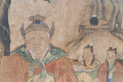 Korean school: 'Mountain Spirit Sansin 산신 or 山神 with tiger and attendants', Joseon, 18th C.