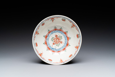 A pair of Chinese English-decorated plates and a Dutch-overdecorated Chinese bowl and plate, Qianlong
