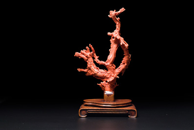A large Chinese red coral group of female deities among clouds on wooden stand, 19/20th C.