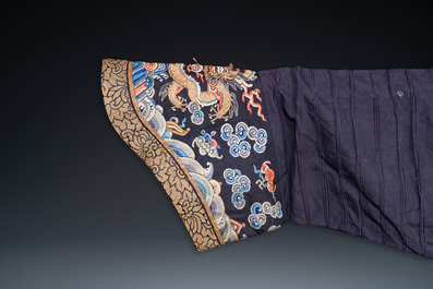 A Chinese gold thread embroidered blue-ground silk 'dragon' robe, 19th C.