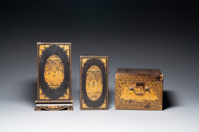 Deux cabinets miniatures et un coffret en laque noire et dor&eacute;e, Canton, Chine, 19&egrave;me