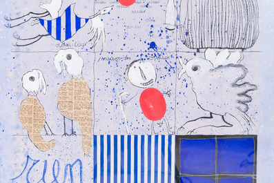 Christian Silvain (1950): 'Rencontres', gemengde techniek en collage op papier, multiple (41/50), gesigneerd en gedateerd 1992