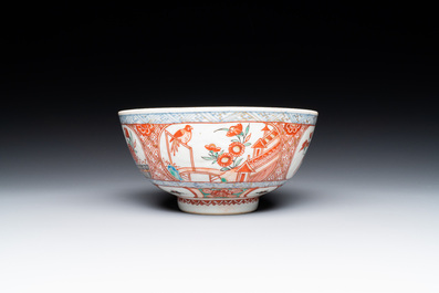A pair of Chinese English-decorated plates and a Dutch-overdecorated Chinese bowl and plate, Qianlong
