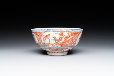 A pair of Chinese English-decorated plates and a Dutch-overdecorated Chinese bowl and plate, Qianlong