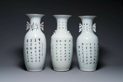 Cinq vases en porcelaine de Chine famille rose &agrave; d&eacute;cor figuratif, 19/20&egrave;me