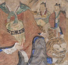 Korean school: 'Mountain Spirit Sansin 산신 or 山神 with tiger and attendants', Joseon, 18th C.