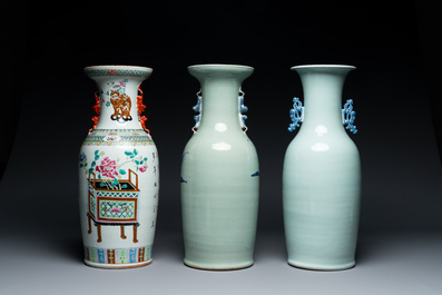 A Chinese famille rose vase and two celadon-ground blue and white vases, 19th C.